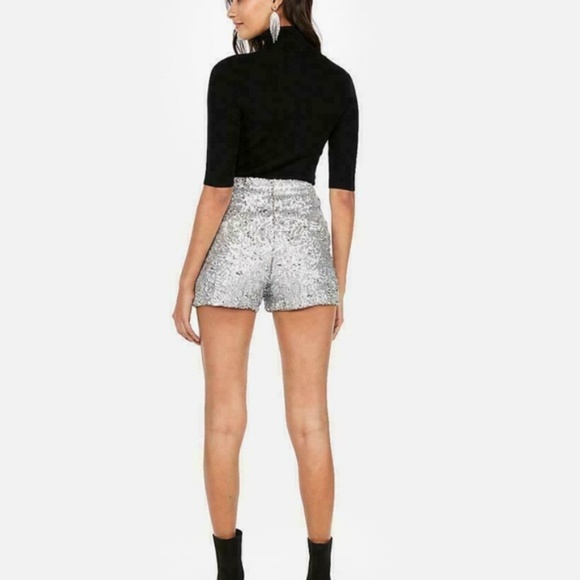 New EXPRESS High Waisted Silver Sequins Mini Short - Picture 8 of 10